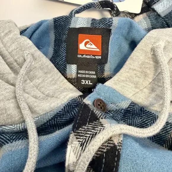 Quiksilver Hooded Flannel Shirt Jacket Mens 3XL Blue Plaid Button Up NWT - Picture 4 of 5